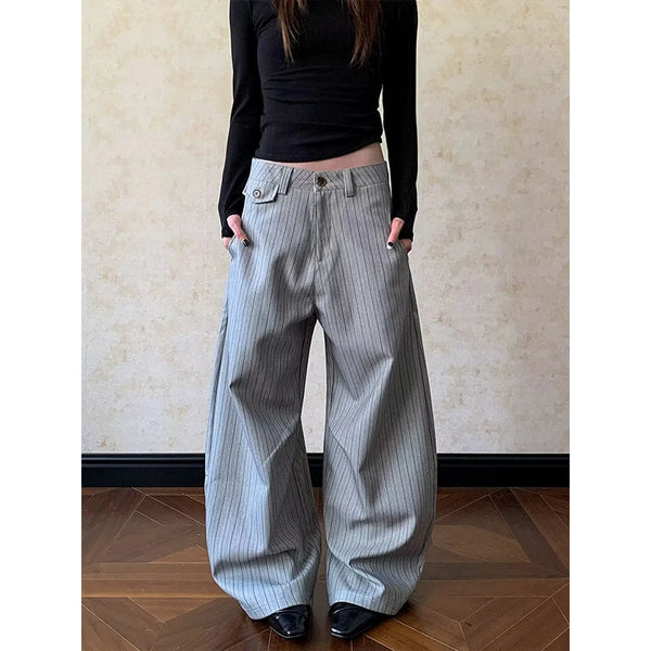 Women's Grey Urban Striped Pants Baggy Oversize Suits Long Pants Harajuku Japanese 2000s Style Y2k Emo Vintage Trousers Clothes