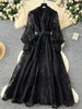 Spring Autumn French Women's Dress Lace Embroidery V-neck Lantern Sleeves Single Breasted Party Birthday Dress C192