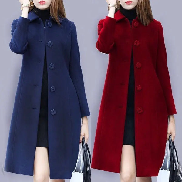 Women Wool Jacket Coat Thick Woolen Overcoat Turn Down Collar Single Breasted Vintage Outerwear Office Lady Autumn Winter