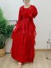 Ruffles Pleated Dress Women Round Neck Flare Sleeves Solid Maxi Belt Dresses Party Spring 2AA1502