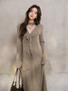 Elegant French V-Neck Knit Dress Women Long Sleeve Elastic Maxi Dress Asymmetrical Design Belted Long Dress for Autumn Winter