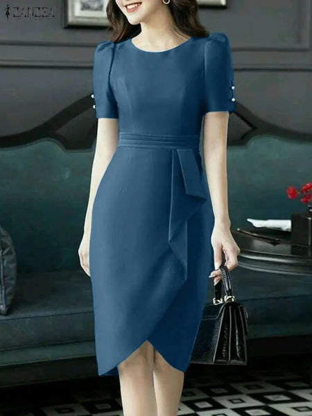Women Elegant Bodycon Party Dresses O-Neck Short Puff Sleeve Ruffled Trim Detail Knee-Length Dress Woman Clothes