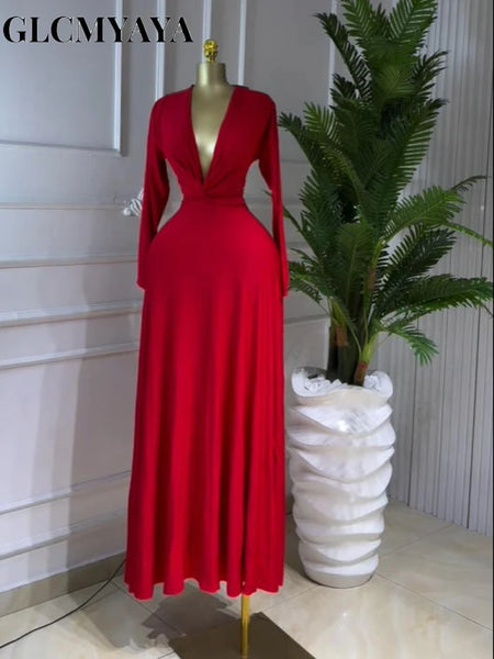 Women Draped Deep V-neck Fit and Flare Long Maxi Dress Winter Evening Prom Party Education Vacation Dresses Vestido