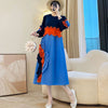Anmrem Tie Flower Design Women's Pleated Dress O-neck Long Sleeve Colorblock Patchwork Chic Beading Loose Famale Clothes 2DB5753