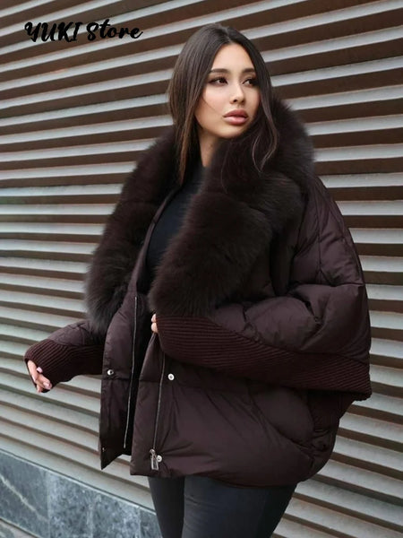 Faux Fur Collar Women's Padded Jacket Knitted Cuff Patchwork Batwing Sleeve Loose Cotton Jackets Winter Warm Coats