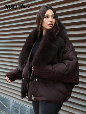 Faux Fur Collar Women's Padded Jacket Knitted Cuff Patchwork Batwing Sleeve Loose Cotton Jackets Winter Warm Coats