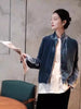 Retro Chinese Style Navy Blue Velvet Jacket, Women's French Chic Shirt Collar Blazer Elegant Business Tops J014