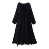 Casual Solid Ruffles Patchwork Robe Women Minimalist Full Sleeve Mesh Loose Fit Lace Up Maxi Dress Vacation Daily Date Wear