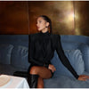 Women Black Pleated Shoulder Pad Dress Full Sleeve High Collar Slim Mini Dresses Lady Daily Commute Elegant Gowns