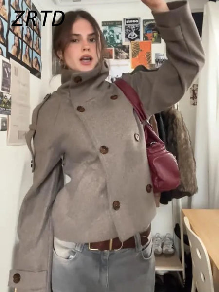 Elegant Women's Short Woolen Coats Stand Collar Double Breasted Long Sleeve Female Jacket Autumn Winter Lady Warm Outwear
