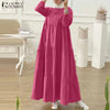 Autumn Women Long Vestidos Muslim O Neck Islamic Hijab Casual Loose Maxi Dress Tiered Long Sleeve Abaya Robes