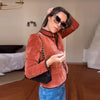 Casual Stand Collar Cropped Jacket Women Elegant Velvet Puff Sleeve Contrast Trim Coat Spring Chic Lady Streetwear