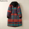 Autumn Winter Women Loose Red Plaid Parkas Hooded Padded Baggy Ladies Outerwear Vintage Buttons Pockets Warm Overcoat Parkas