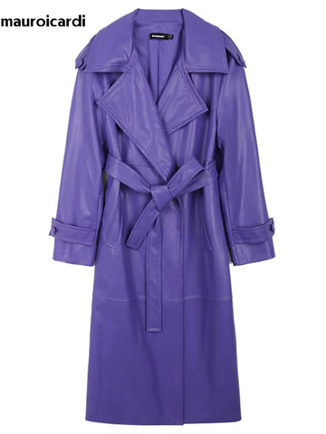 Spring Long Waterproof Soft Purple Pu Leather Trench Coat for Women Sashes Elegant Leather Overcoat