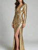 Shiny Bodycon Evening Dress Women Deep V‑Neck Long Sleeve Ruched Wrap High Slit Maxi Dress for Wedding Party Prom Gown