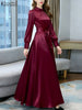 Stylish Waisted Party Dress Autumn Dreses Elegant Women Long Lantern Sleeve Robe Solid A Line Satin Long Dresses