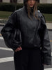 Women Pu Leather Black Coats Stand Collar Long Sleeve Zipper Jacket Woman Vintage High Street Pu Jackets