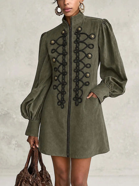 Vintage Women Mini Dress Stand Collar Zip‑Up Lantern Sleeve Braided Knot Casual Coat‑Style Dress Fall Winter Streetwear Dresses