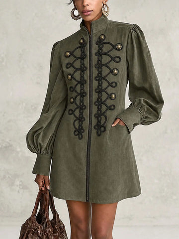 Vintage Women Mini Dress Stand Collar Zip‑Up Lantern Sleeve Braided Knot Casual Coat‑Style Dress Fall Winter Streetwear Dresses