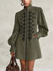 Vintage Women Mini Dress Stand Collar Zip‑Up Lantern Sleeve Braided Knot Casual Coat‑Style Dress Fall Winter Streetwear Dresses