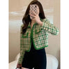 Korean Tweed Jacket Vintage Green Outerwear Spring Autumn Women Coat Cropped Jacket Long Sleeve Button Turndown Collar Suit
