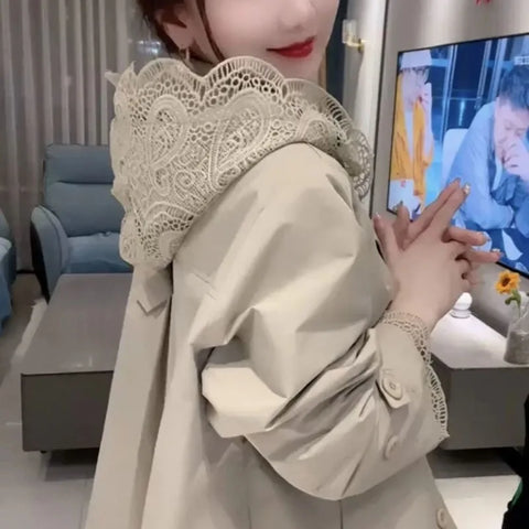Autumn Temperament Lace Hooded Stitching Slim Windbreaker Coat Women Casual All-match Long Sleeve Elegant Ladies Outwear