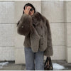 Brown Faux Fur Thicken Coat Women Lapel Long Sleeve Warm Winter Jacket Lady Chic Snap Button High Street Elegant Outerwear