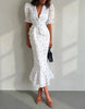 Women White Floral Print Puff Sleeve Blazer Collar Peplum Mermaid Midi Dress Elegant Casual Gown Bridesmaid Wedding Sundress