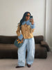Women Deer Print Faux Fur Cropped Coats Blue Contrast Lapel Cuff Button Up Fluffy Warm Coat Winter Casual Chic Wear