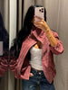 Women Suede Short Jacket Loose Red Stand Collar Long Sleeve Zipper Coat Autumn High Street Lady Outerwears