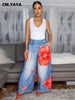 Women Fake Denim 3D floral Print Loose Wide Leg Jogger Pants Streetwear Active Hip Hop Sweatpants Trousers