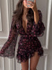 Flora Painted Ruffle Mini Dress Women Elegant Full Sleeve Deep V-neck Slim A-line Dresses Lady Holiday Street Outwears
