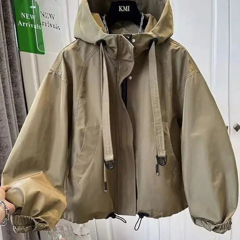 Korean Trench Coat Women Spring Autumn Loose Long Sleeve Casual All-Match Hooded Windbreaker Outerwear Ladies Overcoat