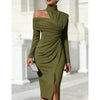 Women's Elegant Off Shoulder High Neck Midi Dress Long Sleeve Ruched Bodycon Package Hip Dress With Slit Formal Party Dress