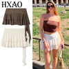 Layered Chiffon Skirt Shorts Ladies Mini High Waist Lace-Up Culottes Female Ruffle Beige Skirts Fairycore Culottes