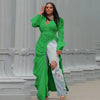 Vintage Women Long Sleeve High Side Split Ruched Up Wrap Lapel Collar White Maxi Long Dress Street Dresses