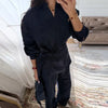 Casual Solid Shirt Trouser Suits Women Full Sleeve Lace Up Lapel Top Wide Leg Pants Lady Set Autumn Female Suit