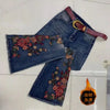 Autumn Winter Large Size Heavy Industry Embroidered Jeans Drilled High Waist Stretch Denim Pants Women Micro Jeans
