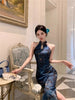 Chinese Style Woman Jacquard Satin Shoulder Digging Improved Slim Fit Cheongsam Printed Waist Cinching Dress Long S
