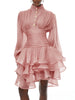 Elegant Pink High Neck Organza Fabric Mini Dresses for Women Puff Sleevs Ruched Waist Tiered Ruffles for Cocktail Parties