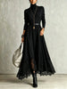 Women Vintage Boho Turtleneck Long Sleeve Maxi Dress Lace Hem Sashes Waist Flowy Long Dress Fall Winter Elegant Ladies Robe