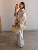 Striped Long Pants Set Color Block Turn Down Collar Three Quarter Sleeve Shirt Wide Leg Bottoms Casual Chic Women Outfits