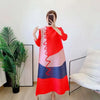 Long Pleated Dress For Women Round Neck Color Block Loose Style Printing Elegant Ladies Festival Party Clothing 2R8600