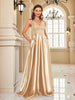 Elegant Sequins Evening Dress For Women Deep V-neck Satin Prom Party Green Dress Floor Length Blue Formal Gowns