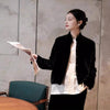 Retro Chinese Style Navy Blue Velvet Jacket, Women's French Chic Shirt Collar Blazer Elegant Business Tops J014