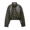Women Large Front Pocket Jacket Vintage Solid Turtleneck Long Sleeve Zipper Faux Leather Jacket High Street Lady Coat