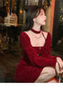 Women's Slim Fit A-line Velvet Dress Christmas Clothes Square Collar Long-sleeved Red Sweet Girl Autumn Winter