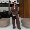 Spring Office Lady Elegant Brown Women Suit Casual Sashes Oversized Shrug Blazer Chic Zipper Long Pant