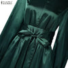 Stylish Waisted Party Dress Autumn Dreses Elegant Women Long Lantern Sleeve Robe Solid A Line Satin Long Dresses