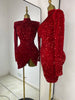 Special Occassion Dress Women Red Sparkly Sequines Long Sleeve Turtleneck Drapped Asymmetric Bodycon Mini Birthday Evening Dress